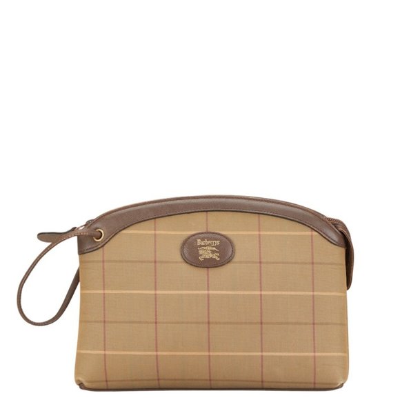 Burberry Check Clutch Bag/Second Bag Khaki Brown Canvas Leather Women's BURBERRY - Picture 1 of 7